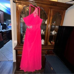 One Shoulder Long Pink Chiffon Prom Evening Dresses Beaded Elegant Classy Gown